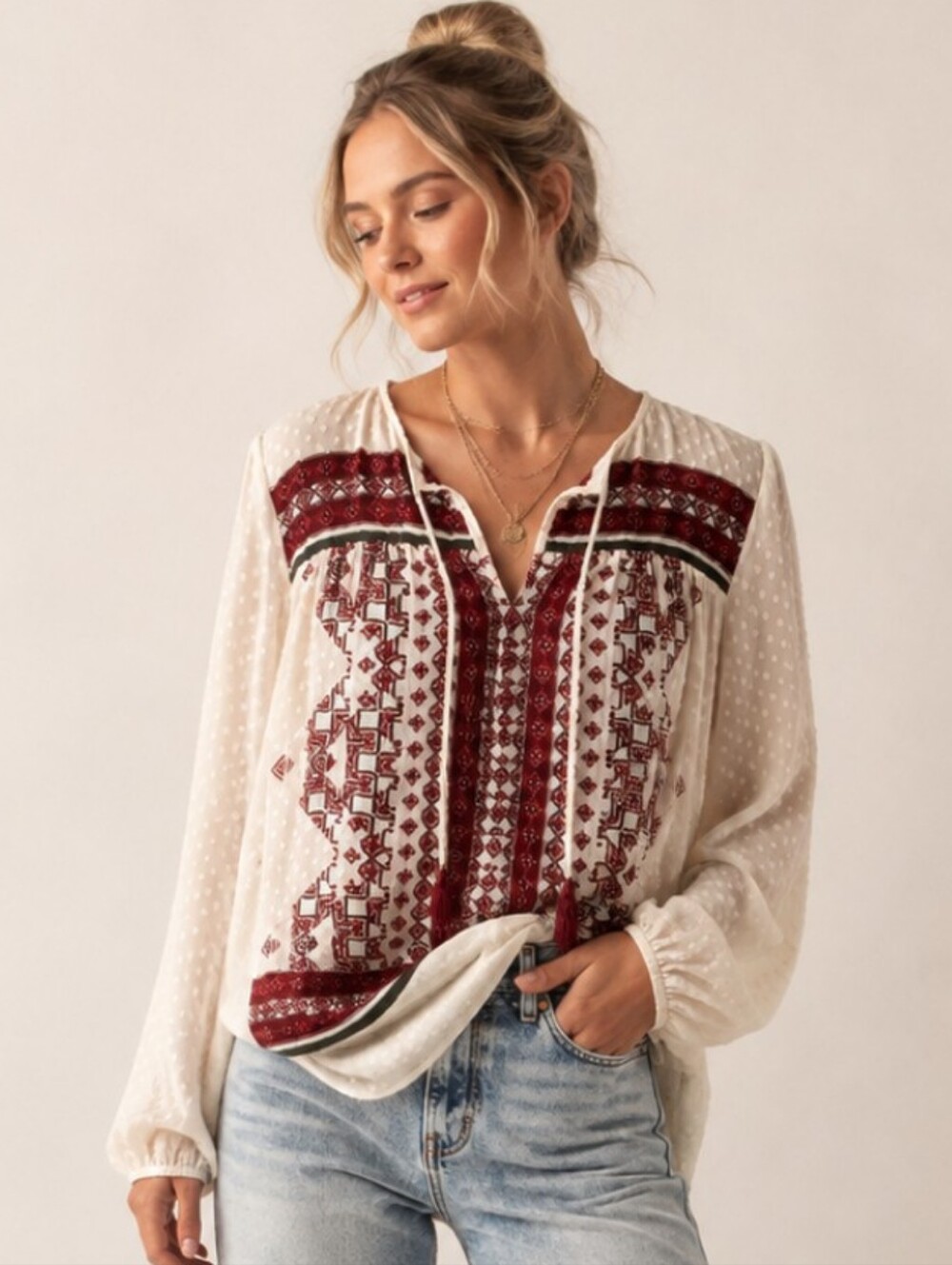 Signature Studio Boho Textured Semi-Sheer Peasant Blouse Burgundy Ivory XL EUC